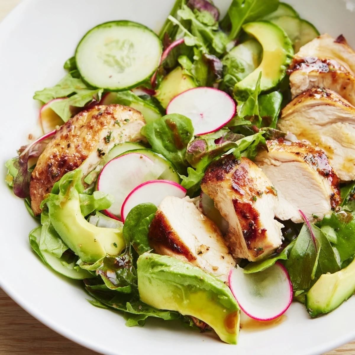 Grilled chicken slices glisten on a bed of vibrant mixed greens, cucumber, and radish for Spring Detox Chicken Salad.