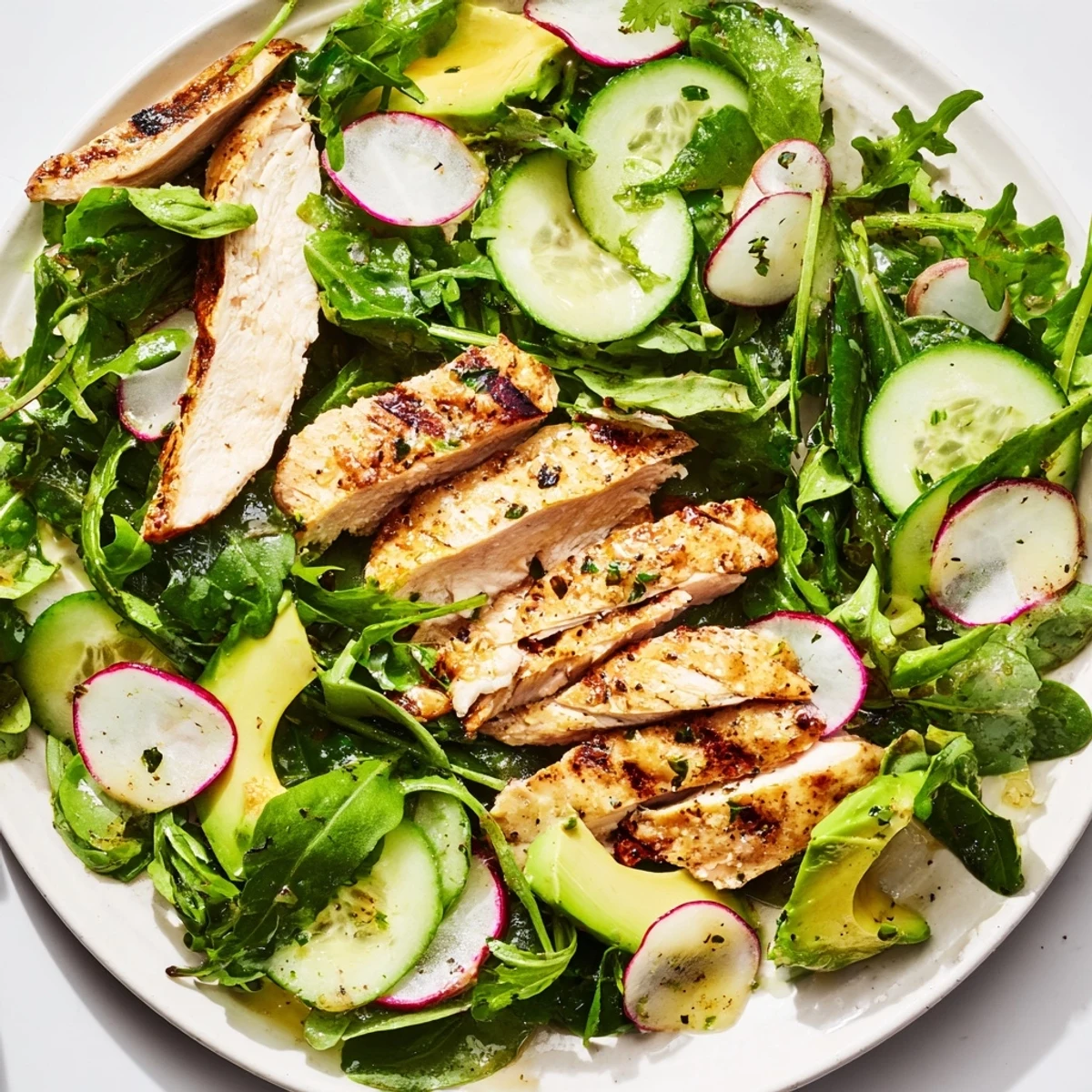 A close-up of Spring Detox Chicken Salad highlights juicy grilled chicken, crisp vegetables, and a zesty, glistening dressing.