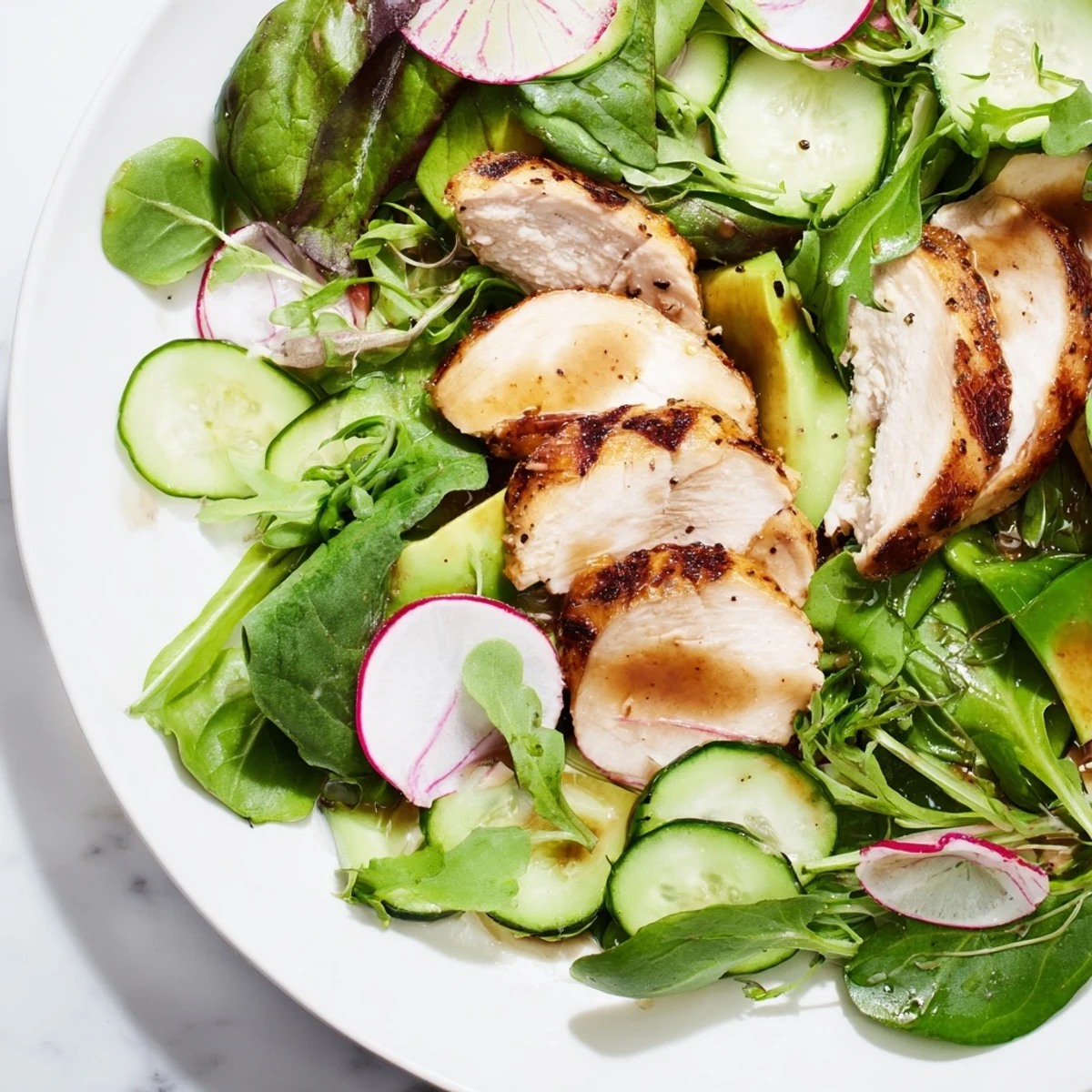 Spring Detox Chicken Salad is plated with creamy avocado, showcasing a light lemon vinaigrette in a fresh, healthy bowl.