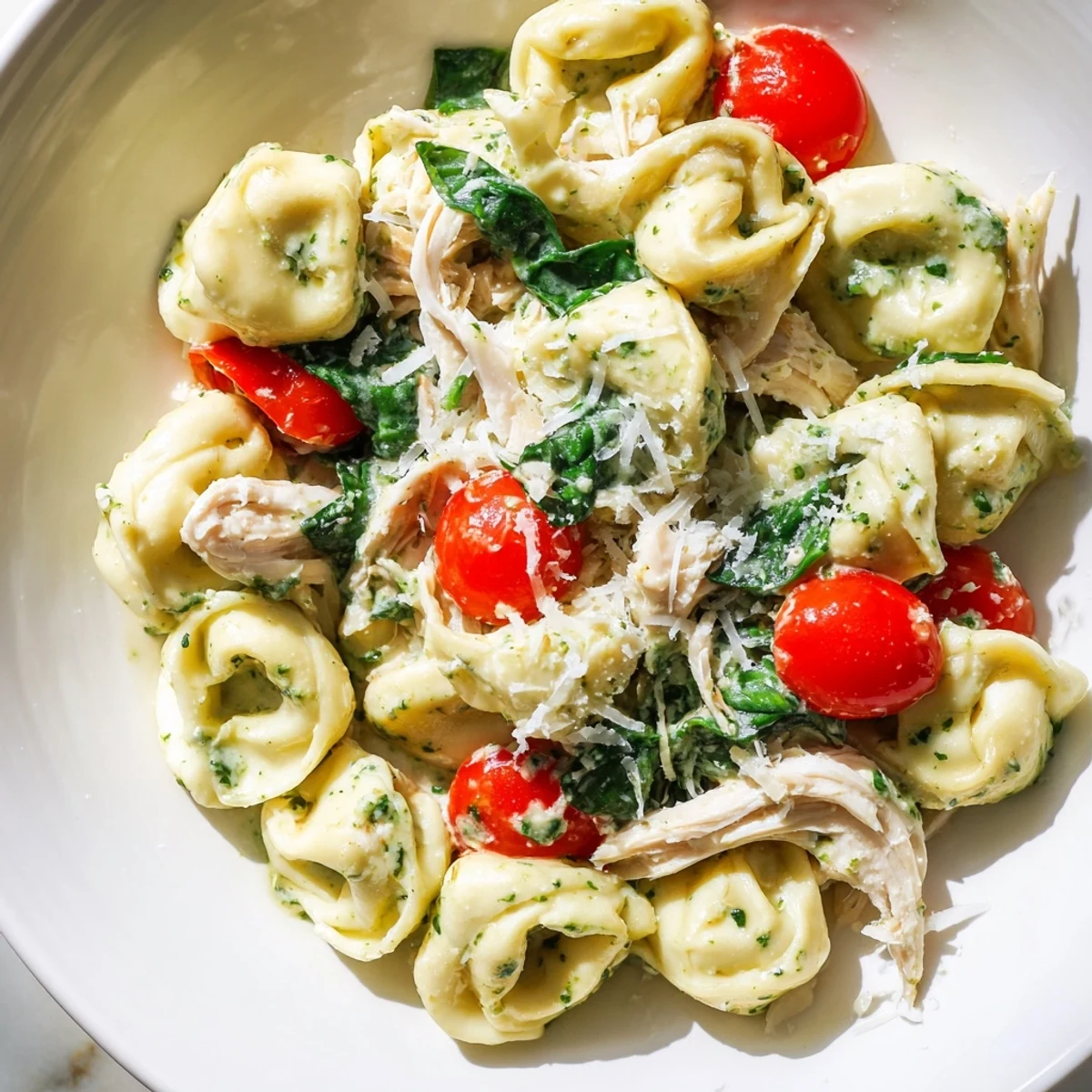 Serving suggestion for creamy pesto tortellini skillet: golden pasta in a skillet with basil garnish and melted Parmesan.