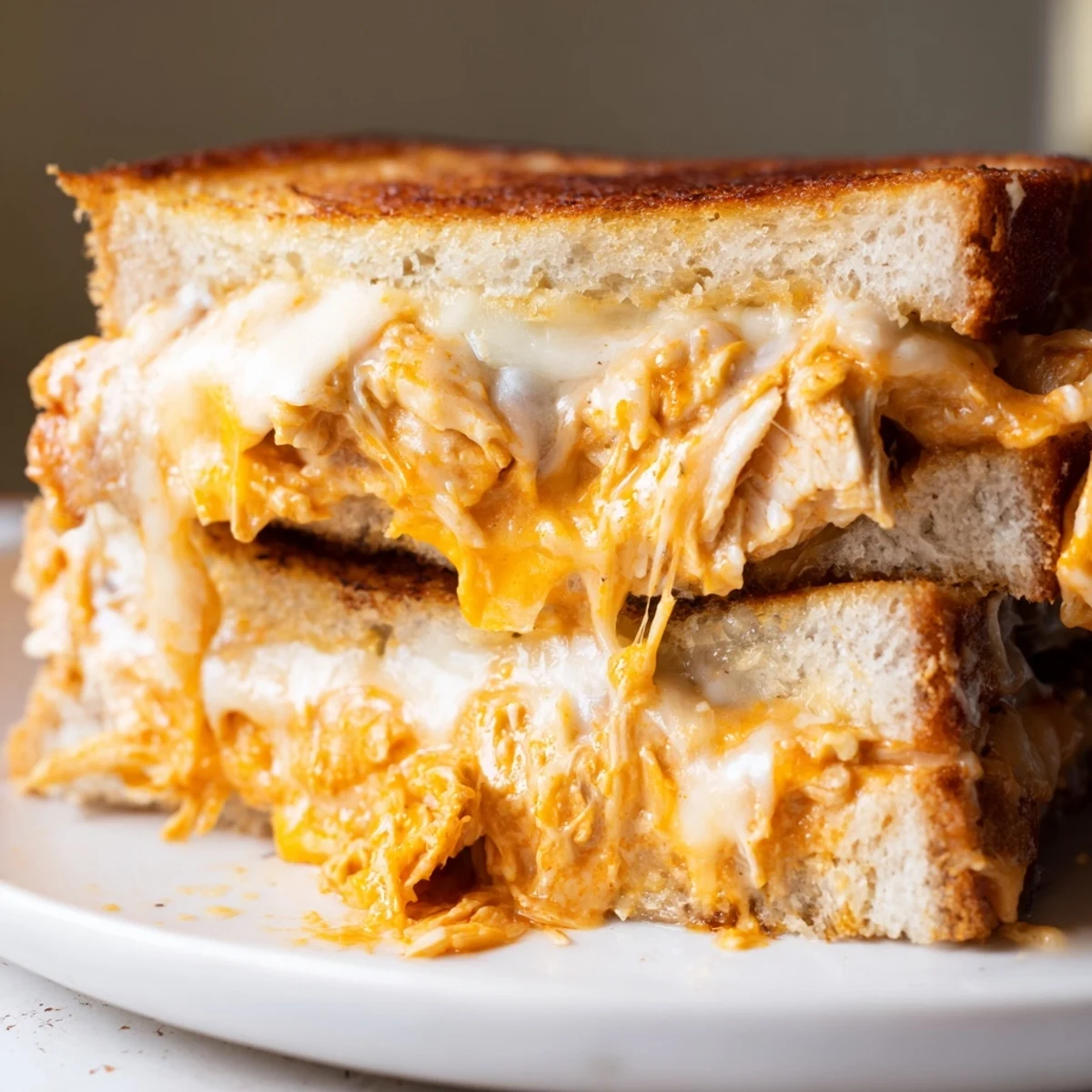A delicious Buffalo Chicken Ranch Grilled Cheese served warm with ranch drizzle and crisp celery sticks on the side.