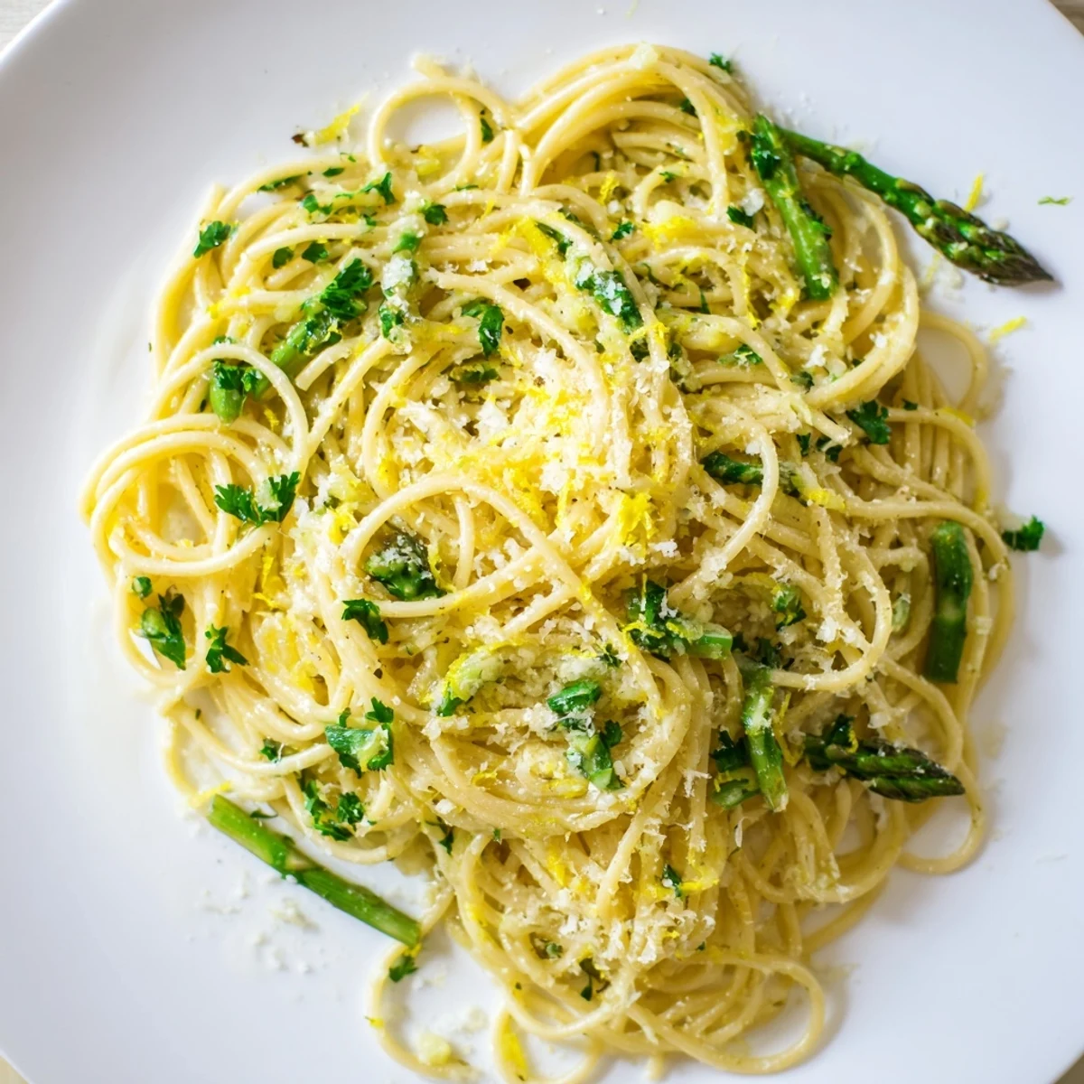 Overhead view of Roasted Garlic & Asparagus Pasta with golden spaghetti strands and bright green spears glistening in olive oil and fresh parsley.  