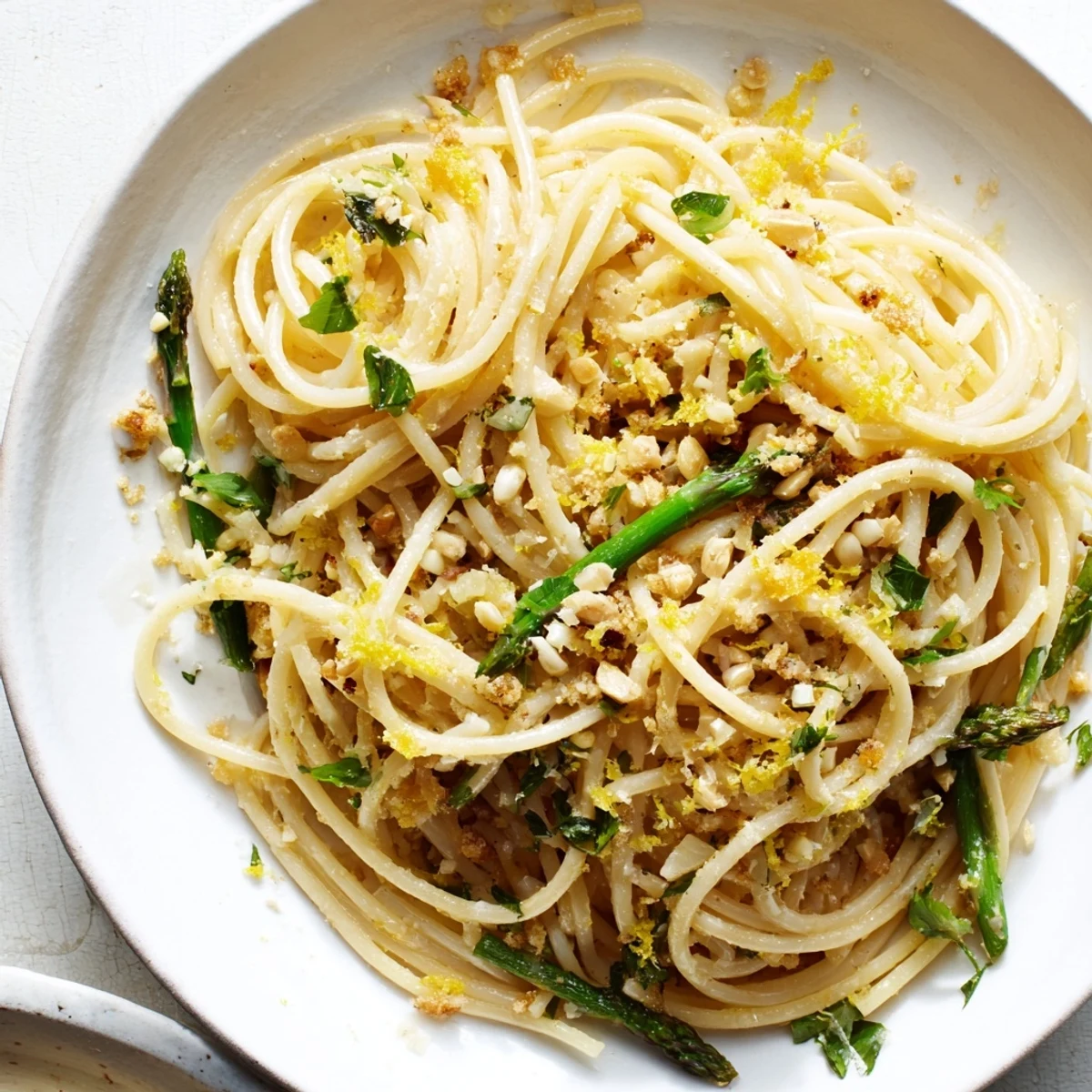 Steaming plate of Roasted Garlic & Asparagus Pasta garnished with grated Parmesan and lemon zest, ready for a comforting spring dinner.
