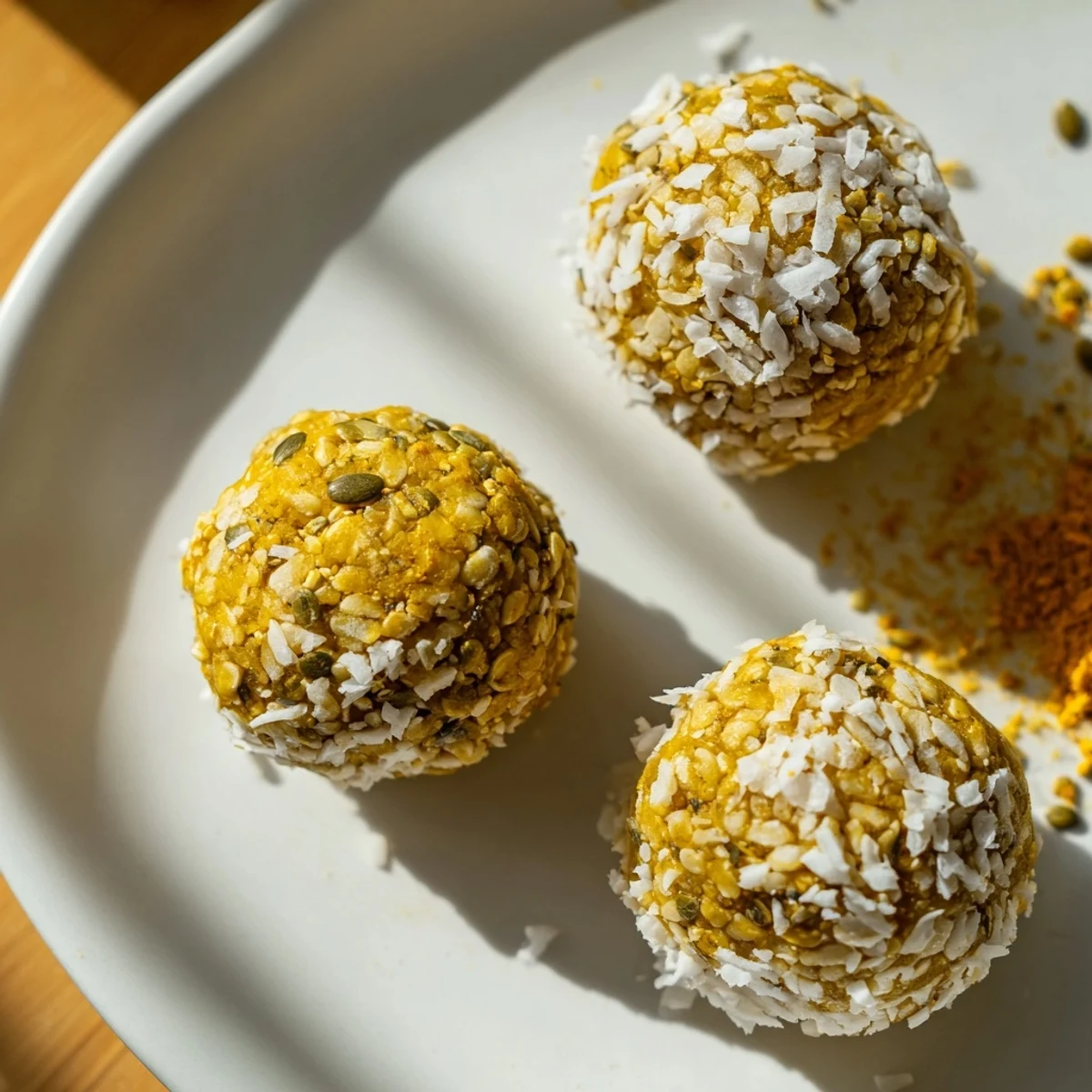 Rustic Ginger Turmeric Energy Balls rolled in coconut on a wooden board, showcasing no-bake vegan snack perfection.  
