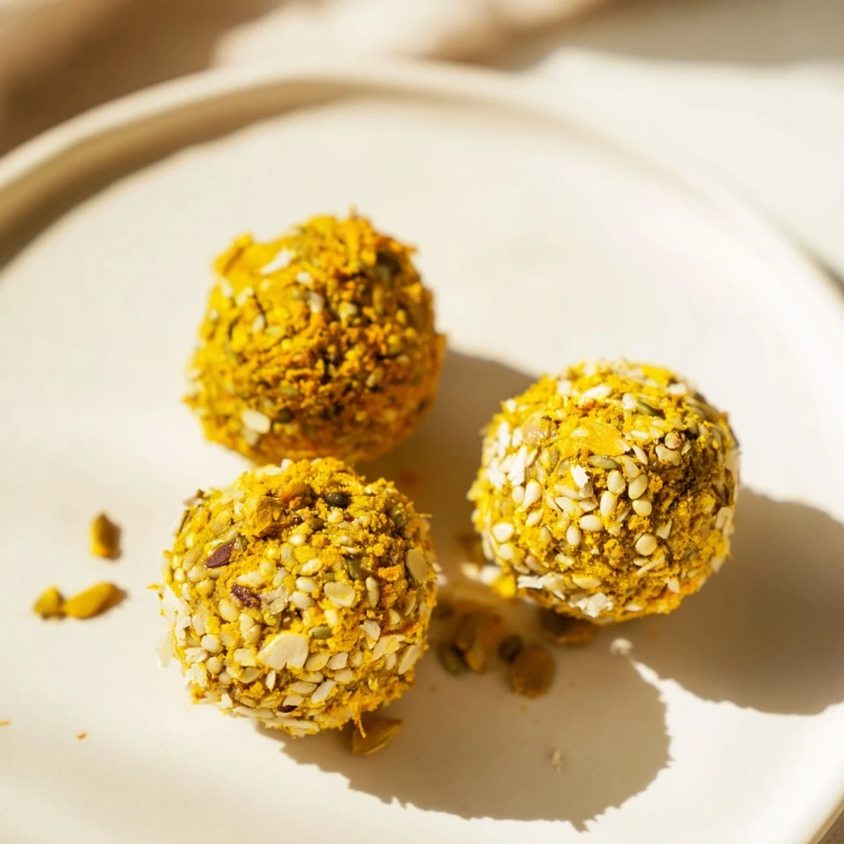 Golden no-bake Ginger Turmeric Energy Balls arranged on a parchment-lined tray, perfect for quick anti-inflammatory snacking.  