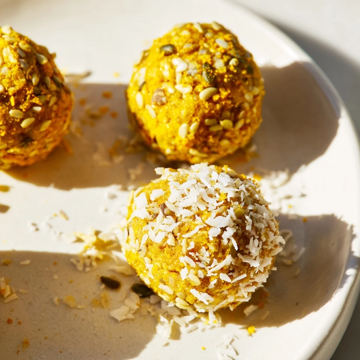 Vibrant Ginger Turmeric Energy Balls with visible seeds and spices, ideal for a healthy gluten-free afternoon boost.