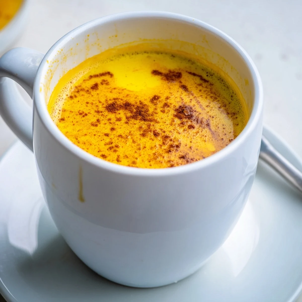 A warm mug of turmeric and ginger golden milk, topped with a dusting of cinnamon and steaming gently beside a cinnamon stick.  