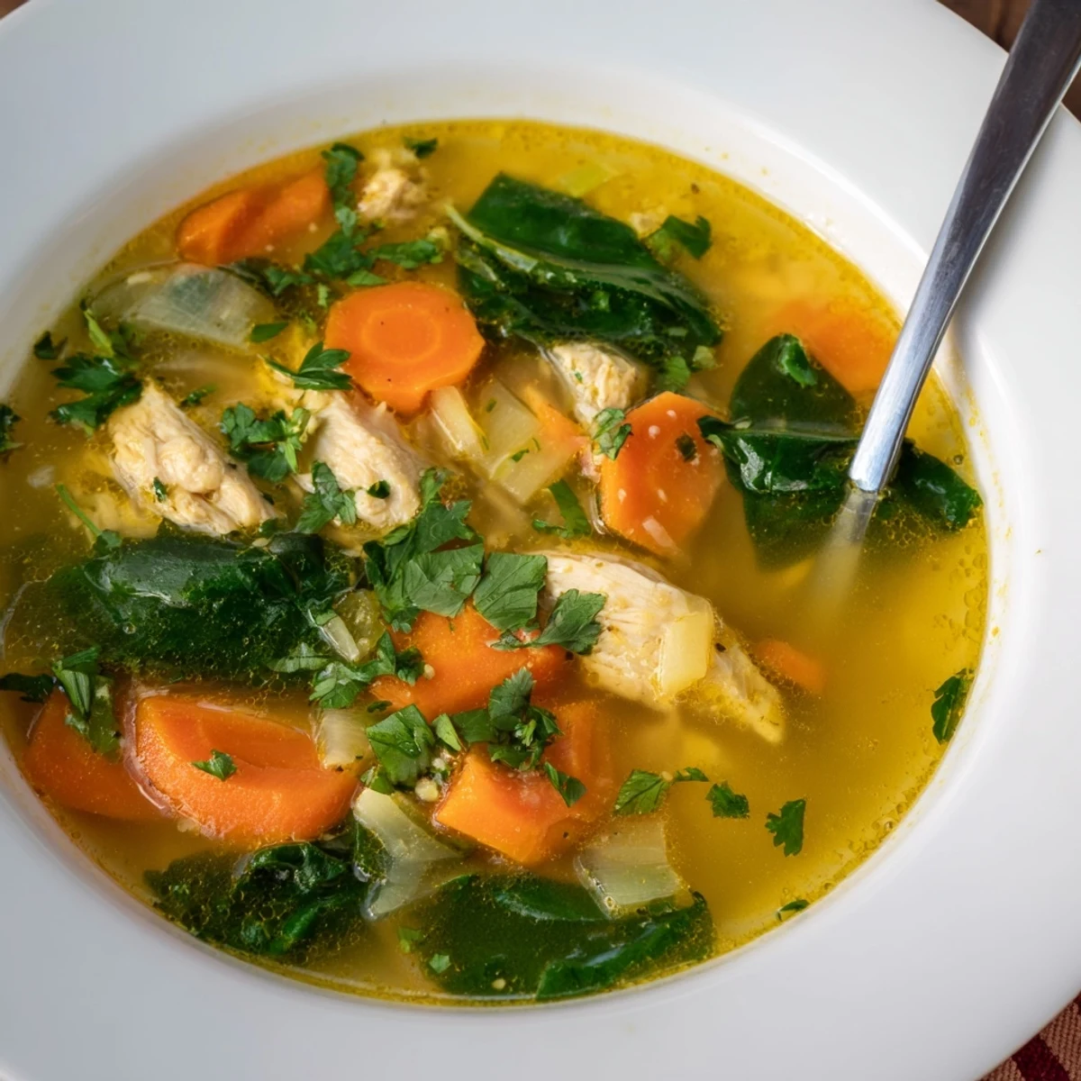 A vibrant bowl of Turmeric Chicken Soup, its golden broth filled with tender chicken, carrots, and wilted greens.