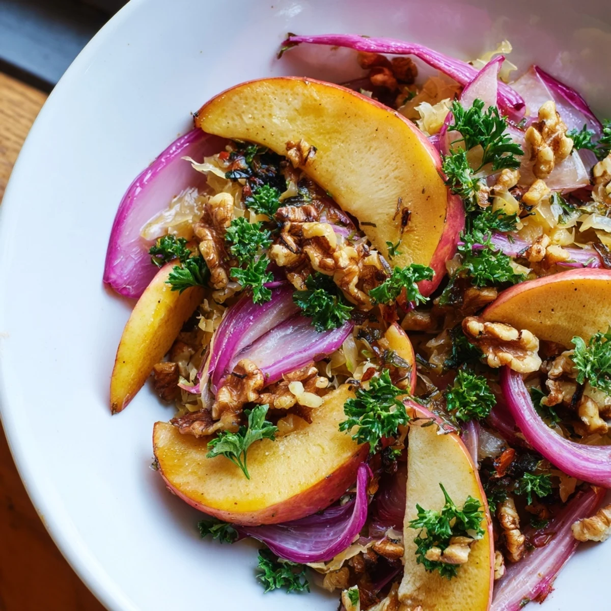 A close-up of the warm apple and sauerkraut skillet salad, showcasing caramelized apple slices mingling with probiotic sauerkraut and caraway seeds.