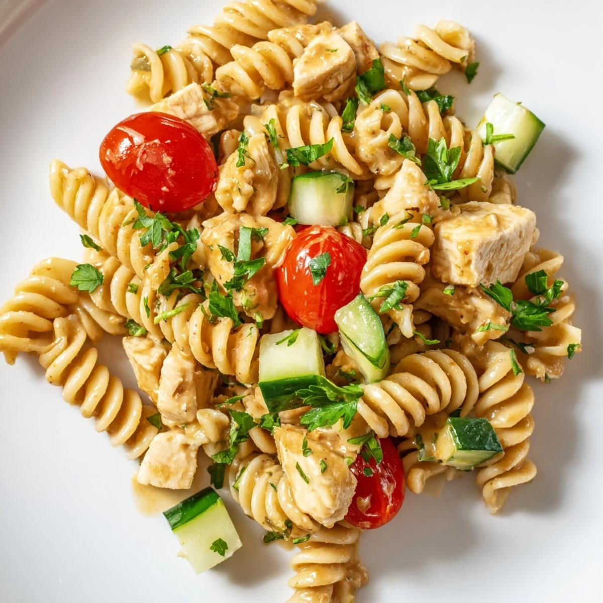 Creamy honey mustard dressing coats tender diced chicken and spiral pasta, mixed with crisp veggies for a vibrant salad.