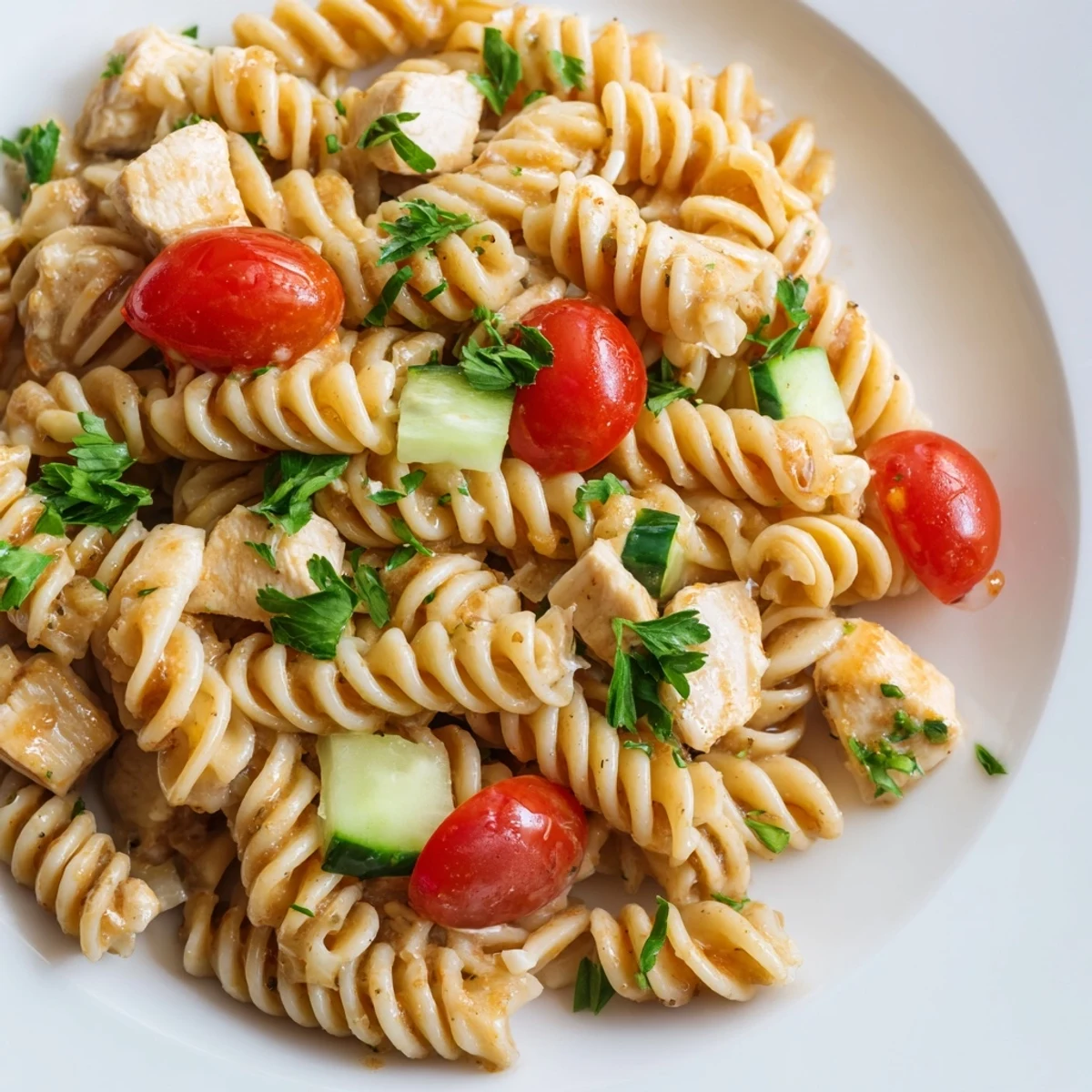 Chilled Honey Mustard Chicken Pasta Salad packed with cucumber, red bell pepper, and celery, perfect for an easy summer picnic.