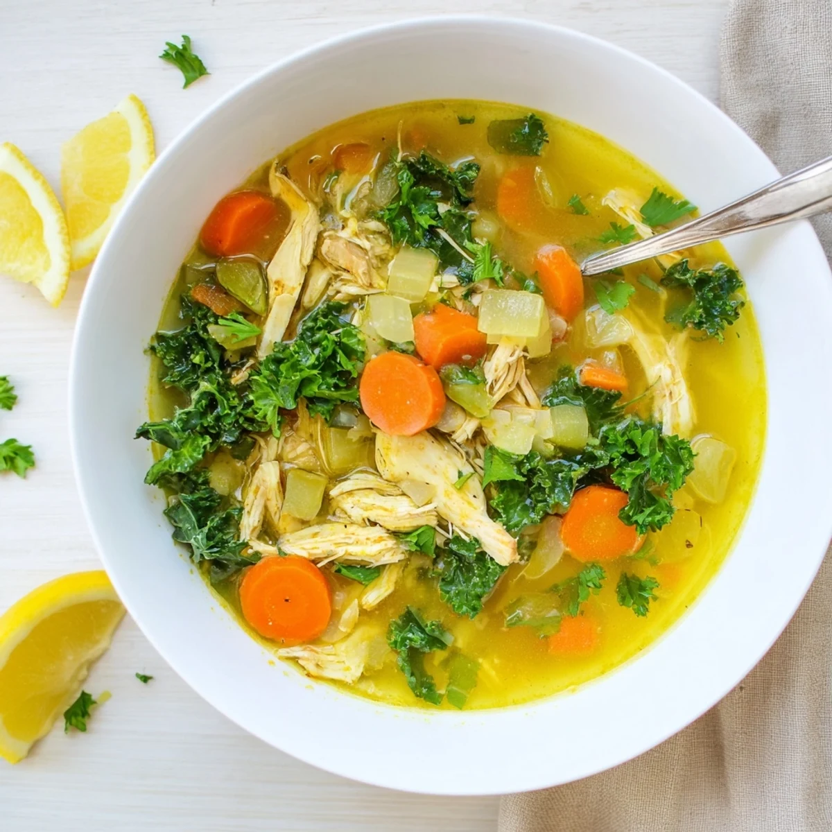 A steaming bowl of High Protein Lemon and Turmeric Chicken Soup, featuring tender shredded chicken, vibrant baby kale, and bright lemon wedges.