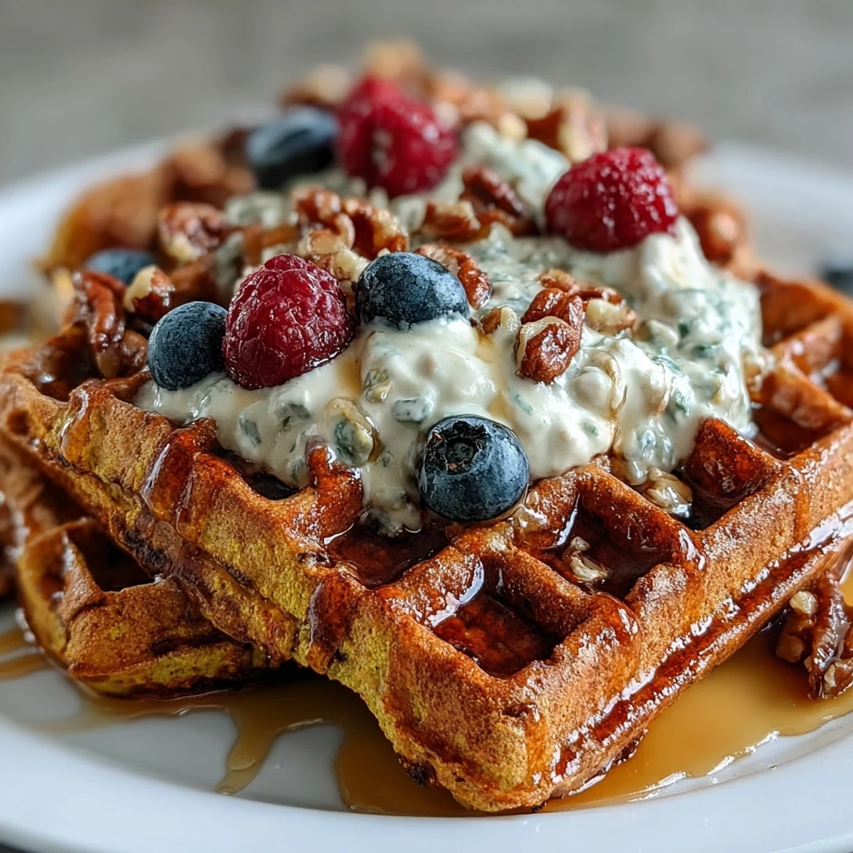 Savory anti-inflammatory turmeric waffles, perfect topped with fresh berries and syrup.