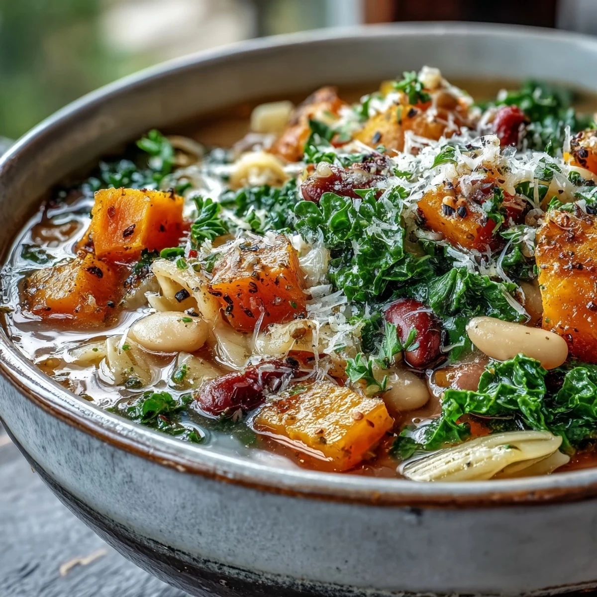 Homemade Winter Minestrone Soup bubbling in a pot, featuring kale and tender butternut squash cubes in a rich broth.
