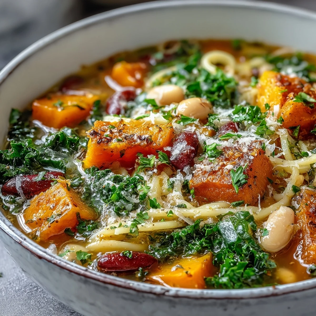 A cozy bowl of Winter Minestrone Soup topped with Parmesan and parsley, served alongside a slice of crusty bread.