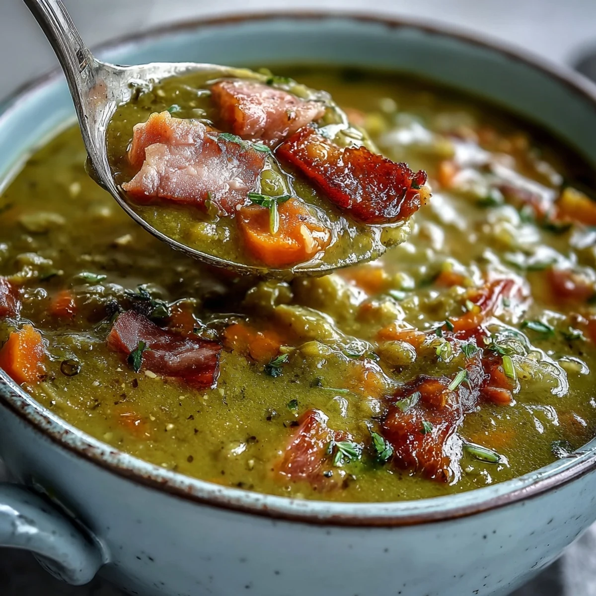 Creamy Split Pea and Ham Soup steaming in a rustic bowl with diced carrots and celery.