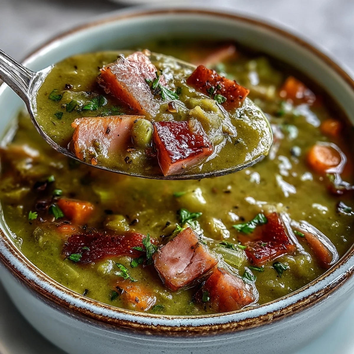 A hearty bowl of Split Pea and Ham Soup beside a slice of crusty bread.