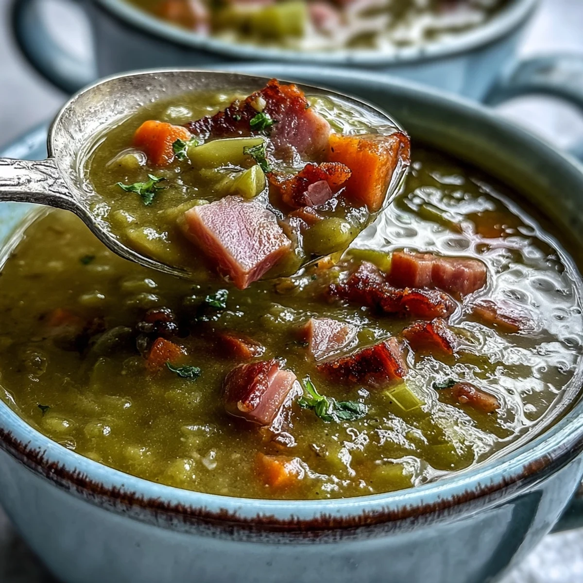 Homemade Split Pea and Ham Soup ladled from a Dutch oven, garnished with fresh thyme.