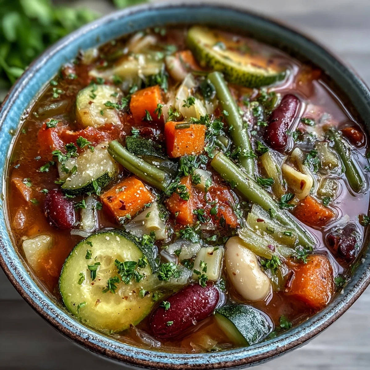 A steaming bowl of Minestrone Soup shows colorful vegetables, beans, and pasta in rich tomato broth, topped with Parmesan and parsley.