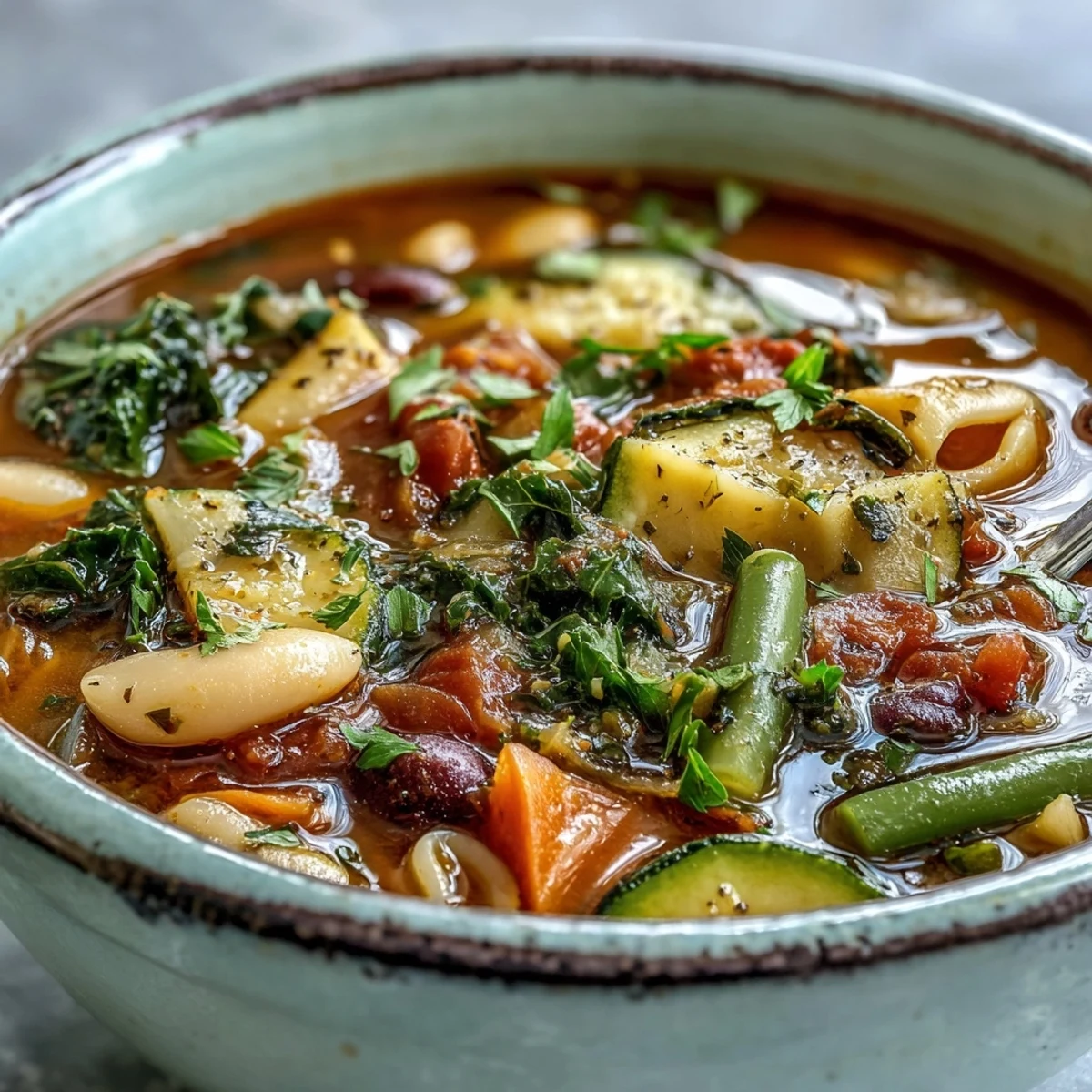A steaming bowl of Minestrone Soup garnished with fresh parsley, featuring beans, pasta, and vibrant vegetables in a rich tomato broth.
