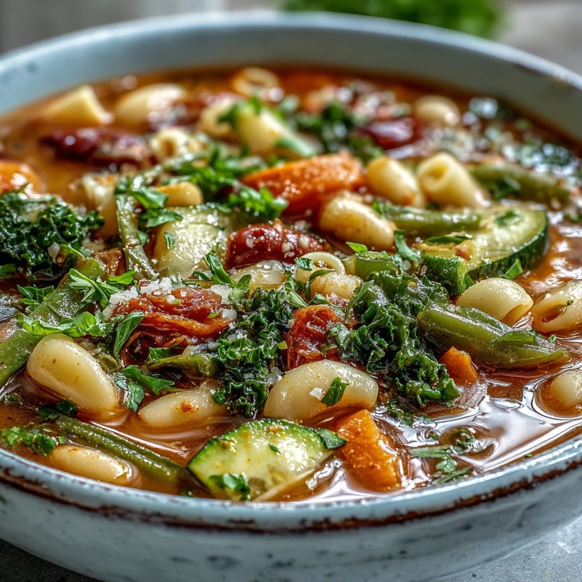 Spoon lifting hearty Minestrone Soup, revealing colorful carrots, celery, zucchini, and tender greens simmering in a savory vegetable broth.