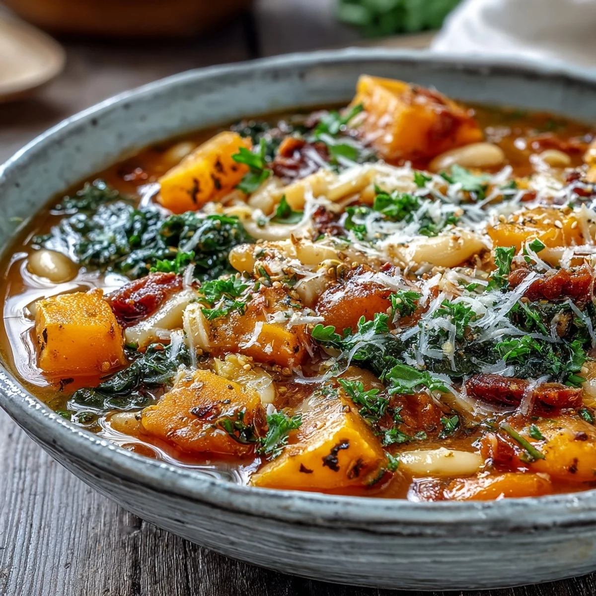 A steaming bowl of Winter Minestrone Soup With Butternut Squash and Kale served with crusty bread.