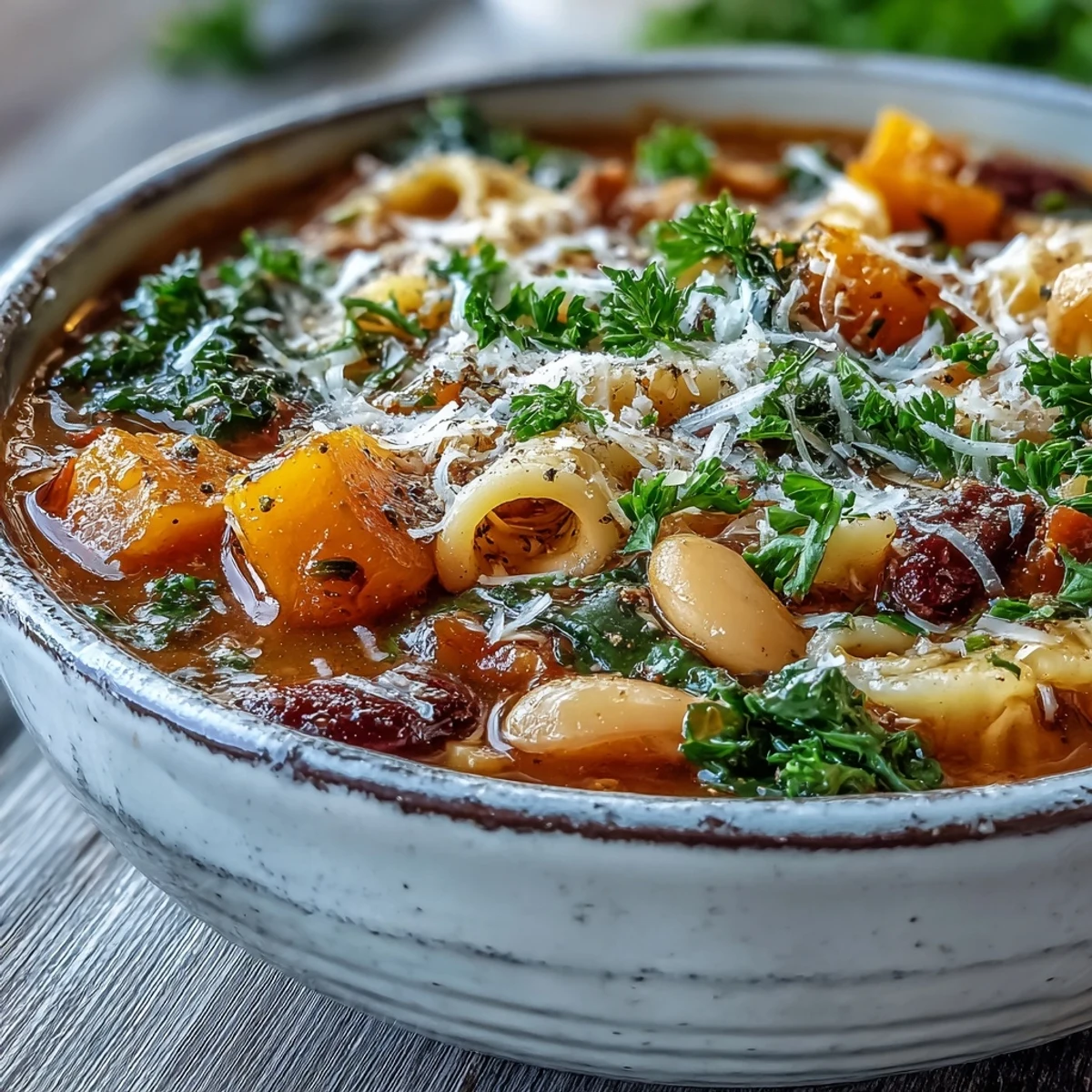 Close-up of Winter Minestrone Soup With Butternut Squash and Kale topped with grated Parmesan and parsley.