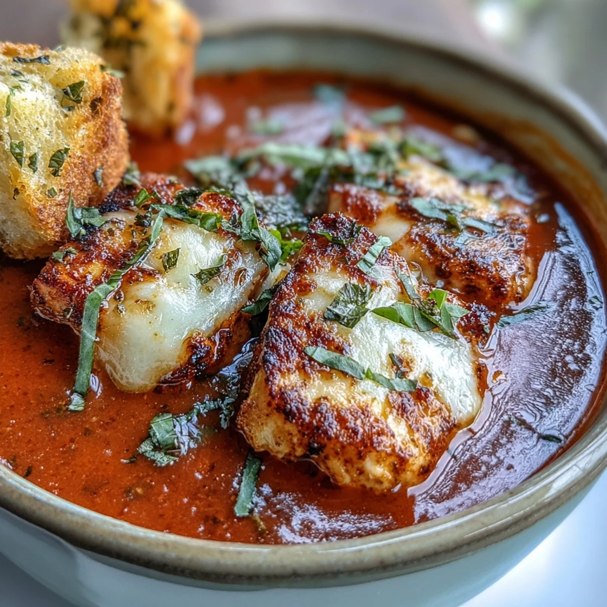 Hearty Italian-American Grilled Chicken Parmesan Soup featuring grilled chicken, tomatoes, and gooey Parmesan cheese.