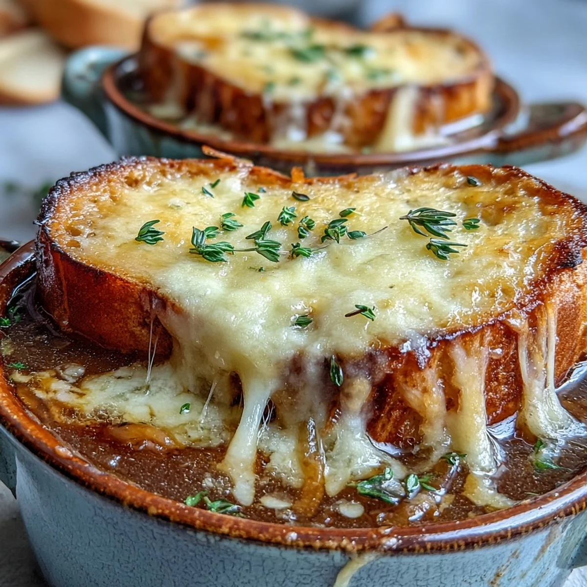 Golden-brown caramelized onions simmer in a Dutch Oven French Onion Soup, topped with melted Gruyère and toasted baguette slices.