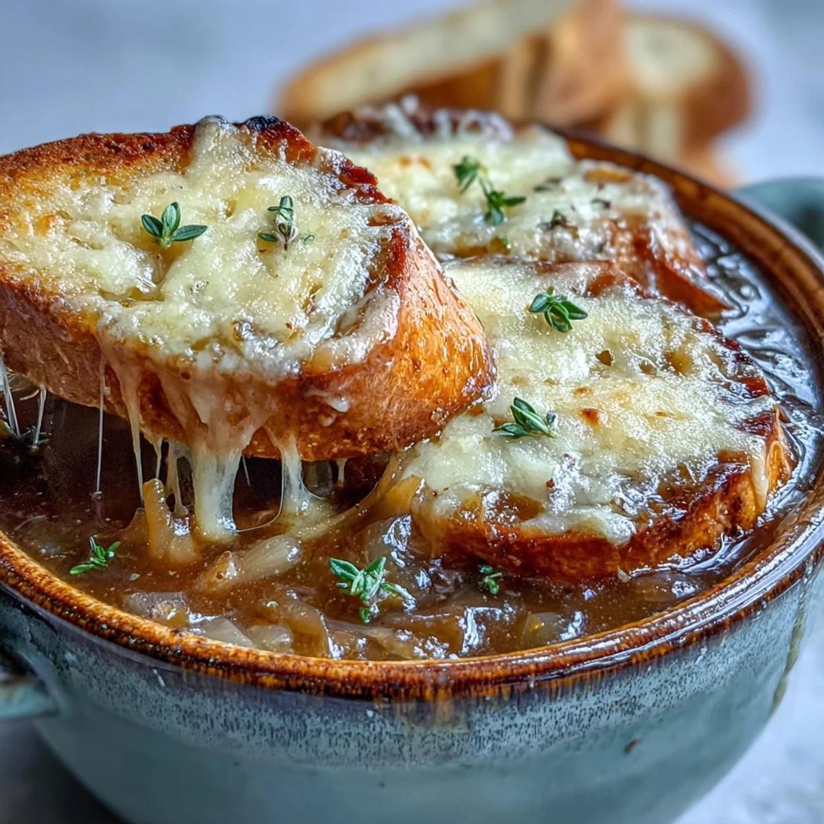 Steaming Dutch Oven French Onion Soup with deep caramelized onion flavor, served in an oven-safe bowl with gooey Gruyère topping.