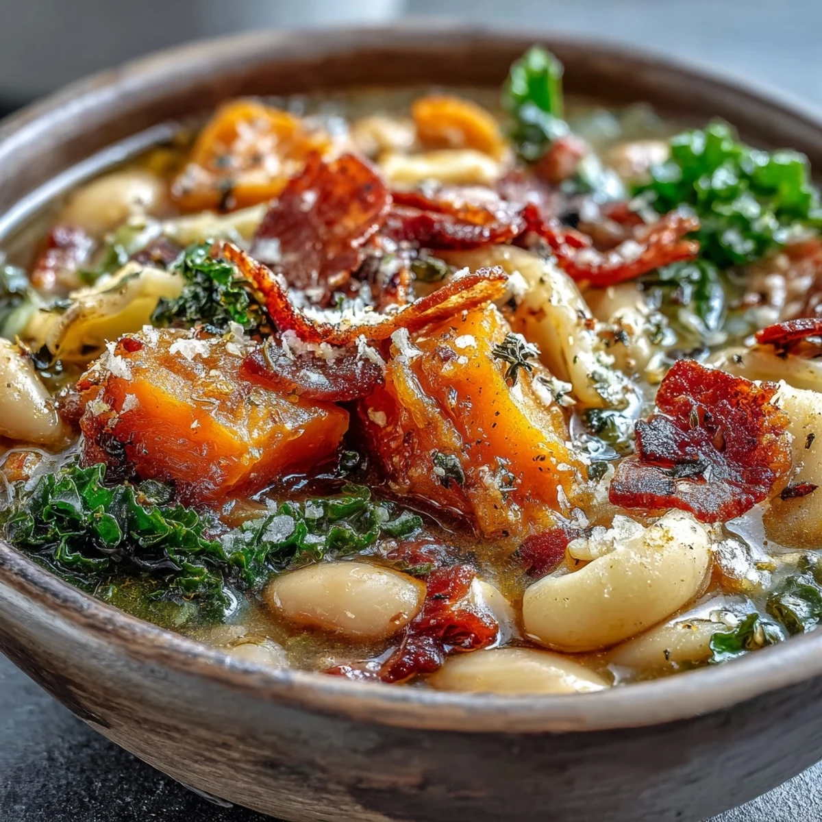 Hearty Fall Minestrone with creamy white beans and fresh parsley garnish on a wooden table.