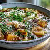 Hearty Winter Minestrone Soup With Butternut Squash and Kale simmering in a pot with fresh ingredients.