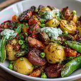 A vibrant spring food board with radishes, peas, and herb dip, arranged for a fresh appetizer spread.