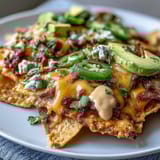 Crispy tortilla chips smothered in creamy cheese sauce, loaded with jalapeños, tomatoes, and avocado for the ultimate game day nachos.