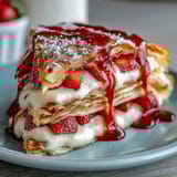 Layered strawberry crepe cake with fresh berries and vanilla cream, perfect for brunch or dessert.