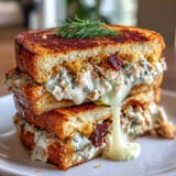 Golden, buttery Crispy Tuna Melt sandwich oozing with melted cheddar and creamy tuna salad filling.