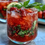 Vibrant non-alcoholic strawberry basil drink garnished with fresh basil leaves and lemon wedges, perfect for summer parties.