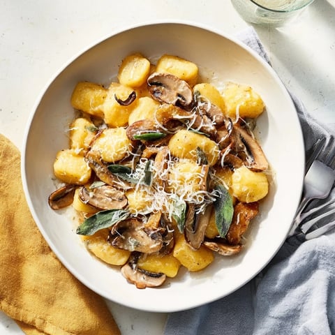 Skillet Sausage and Mushroom Gnocchi simmering in a creamy sauce, perfect for a satisfying dinner.