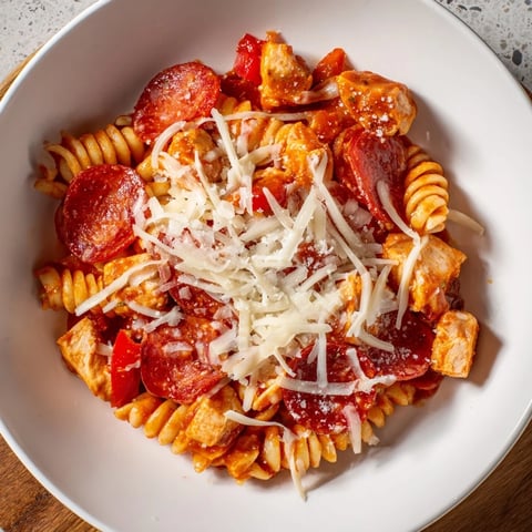 One-Pan Pizza Pasta, a bubbling skillet showing melted cheese and pepperoni, smells delicious.