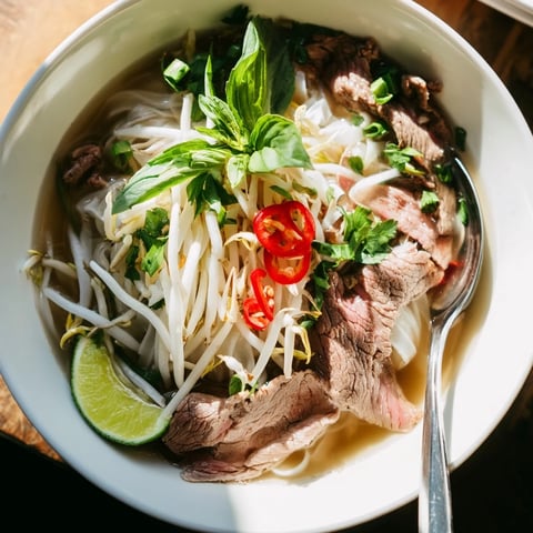 Steaming bowl of Vietnamese Pho Express with fresh herbs, ready for a delicious dinner.