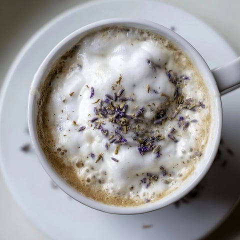 Creamy espresso topped with fluffy whipped lavender foam in a clear glass mug.  