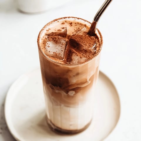 A refreshing glass of Milo Ice Latte with ice cubes, topped with creamy milk and a dusting of Milo powder.