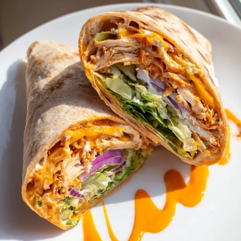 Freshly rolled Buffalo Ranch Chicken Wrap filled with juicy buffalo chicken, crisp romaine, and shredded cheddar cheese.