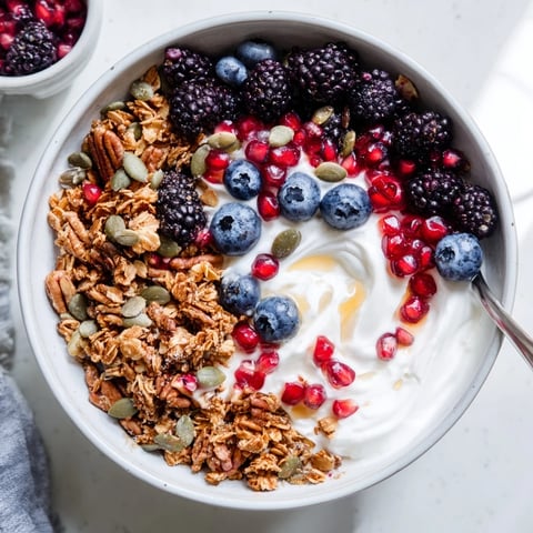 A close-up of a vibrant Yogurt Bowl with Winter Berries and Spiced Crunch, featuring creamy yogurt swirled with honey.