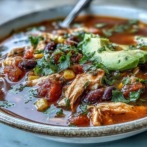 A hearty bowl of Southwestern Turkey Soup garnished with fresh cilantro, avocado, and crumbled tortilla chips.