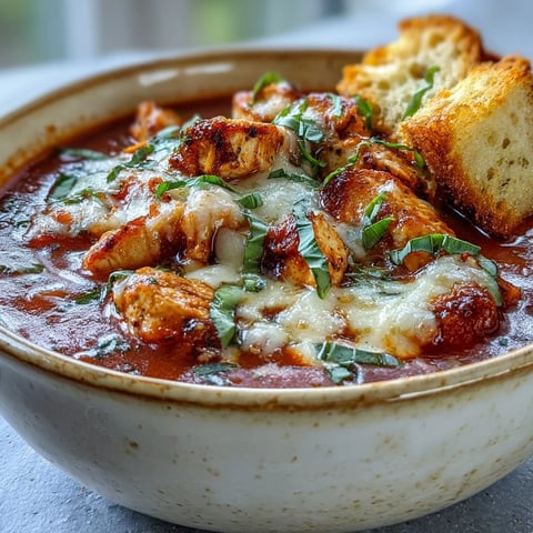A comforting bowl of Grilled Chicken Parmesan Soup with bubbling melted mozzarella and fresh basil garnish.