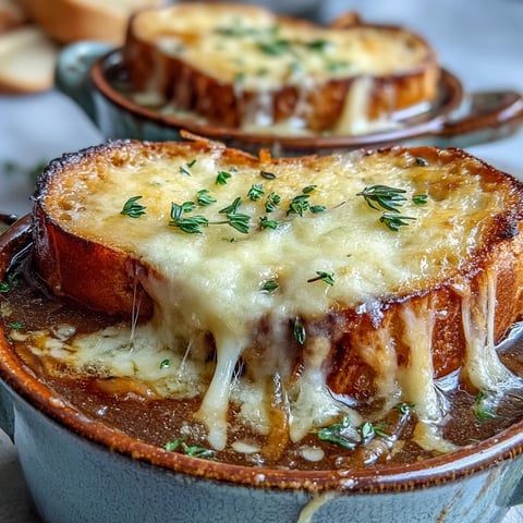 Golden-brown caramelized onions simmer in a Dutch Oven French Onion Soup, topped with melted Gruyère and toasted baguette slices.