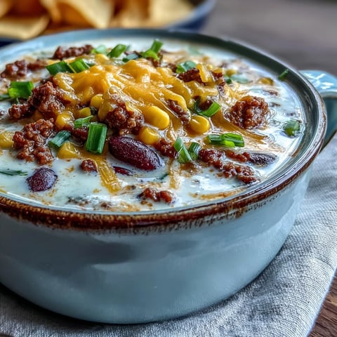 Creamy Taco Soup simmering in a pot, loaded with ground beef, corn, and black beans, ready to serve with cheese and tortilla chips.