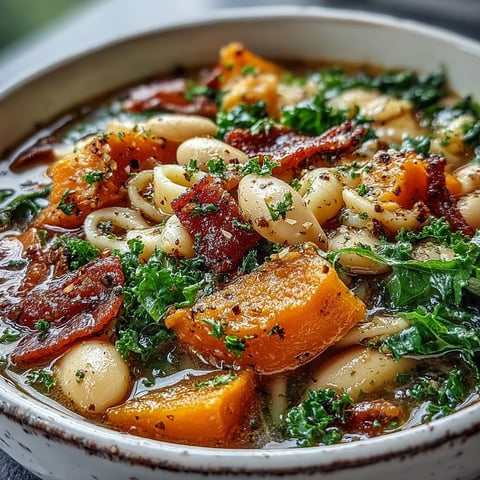 Steaming Fall Minestrone with pancetta, butternut squash, and kale in a rustic bowl.