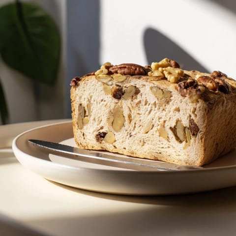 A warm, freshly baked slice of Nutty Whole Wheat Loaf Bread with visible nuts and a soft texture.
